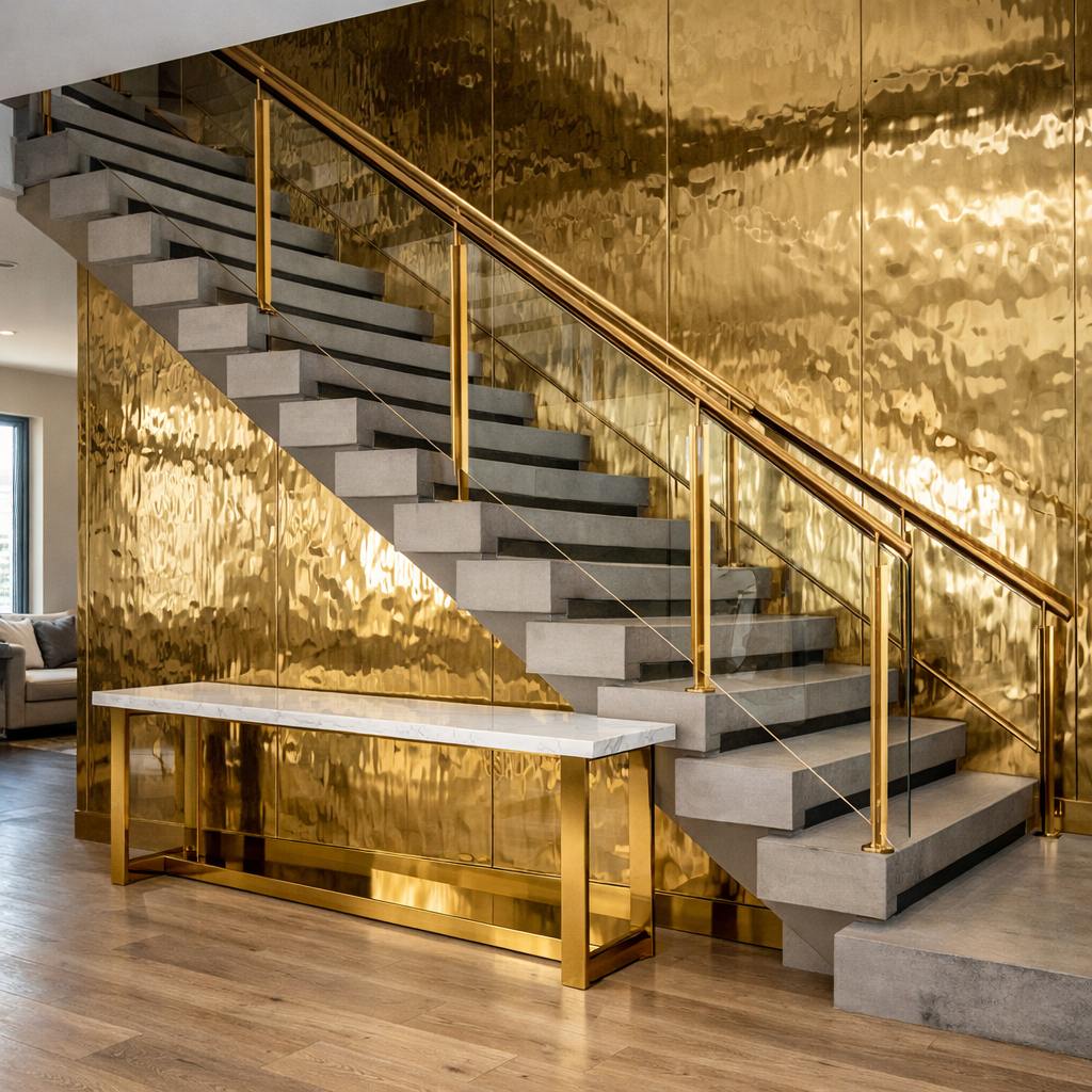 A grand staircase features a PVD Gold Stainless Steel railing with seamless glass balustrades. The wall behind the stairs is clad in Gold Water Ripple SS Sheets, showing realistic, soft, distorted reflections of the room's light. Beneath the staircase sits a minimalist PVD Gold console table with a white marble top. No people. Shot on a Sony A7R IV, 35mm lens, f/8 aperture for deep focus. Natural daylight from a side window creating soft shadows and genuine metallic glints.